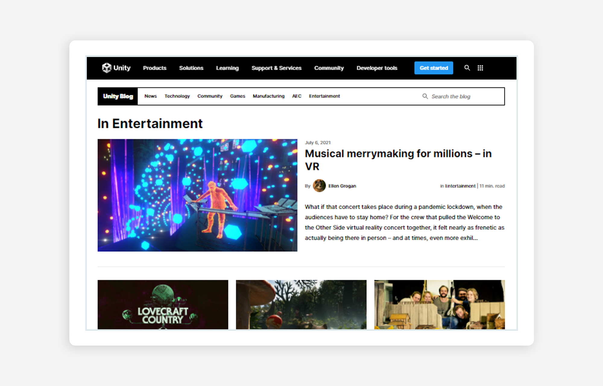 Screenshot showing a page from the Unity blog.