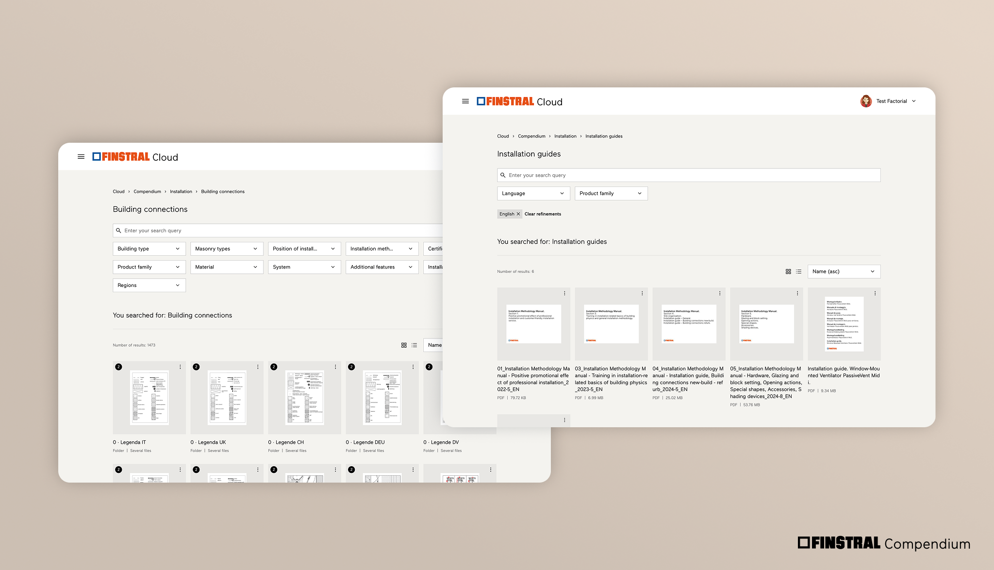Visuals showing the web application Finstral Compendium