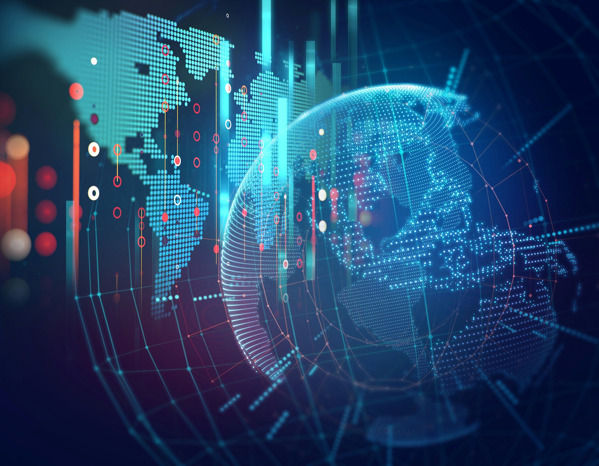 Digital world map with connected data points for a global pharma web platform across 40+ markets.