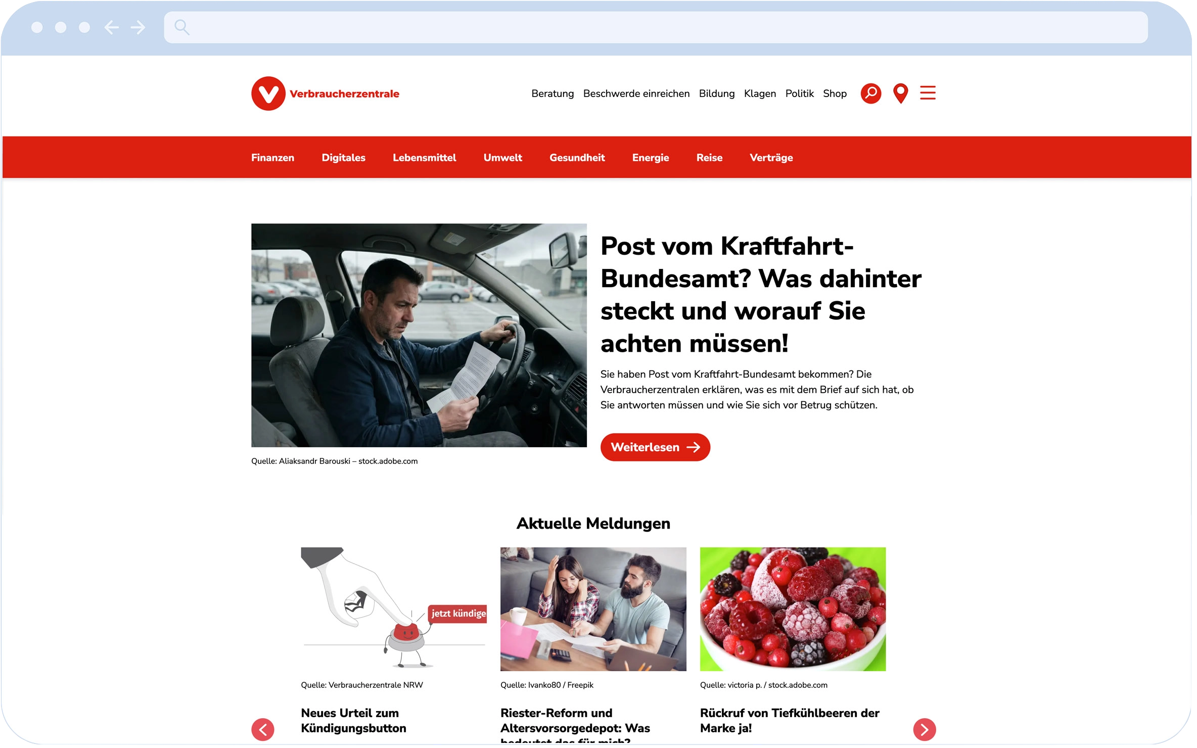Screenshot of the starting page of verbraucherzentrale.de
