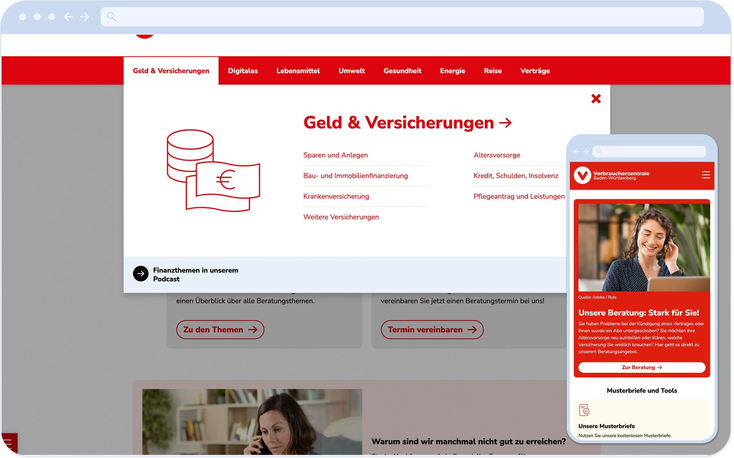 Screenshot of a Mega Menu in Desktop Mode and of a mobile Viewport
