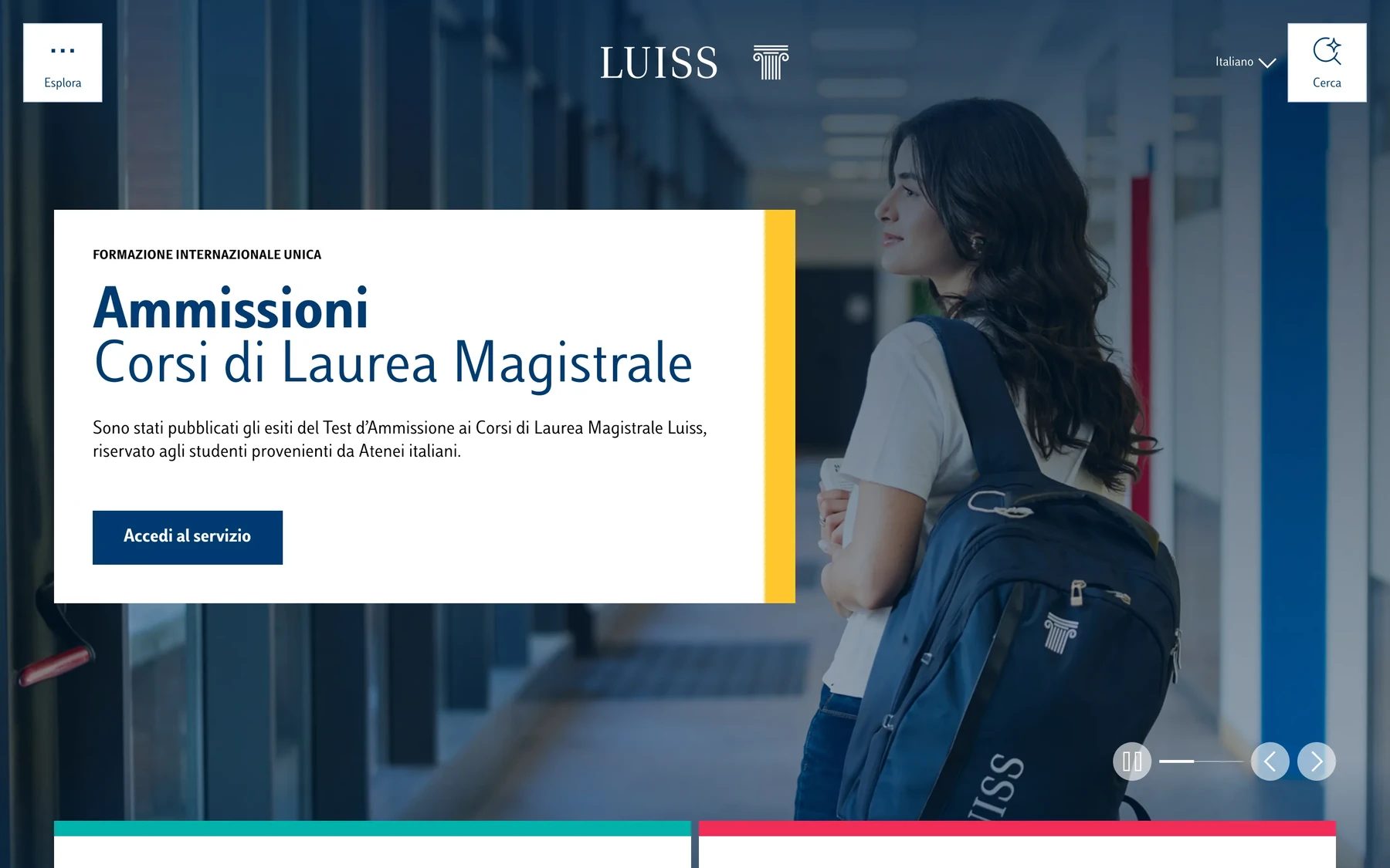 Homepage of the new luiss.it, with the search entry point and the admissions highlight