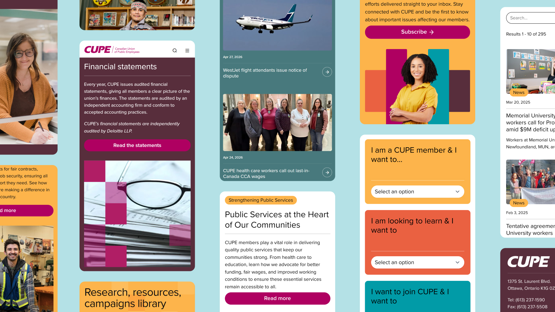 Collage of CUPE website page designs featuring financial statements, news stories, public services information, member navigation tools, newsletter signup, search results, campaign resources, and photos of workers and union members.