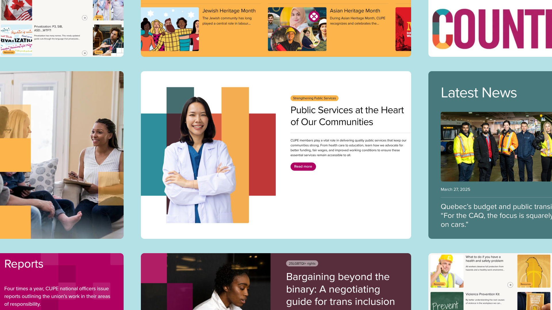 Collage of CUPE website page designs featuring news, reports, public services, workplace resources, heritage month content, and a guide to trans inclusion.