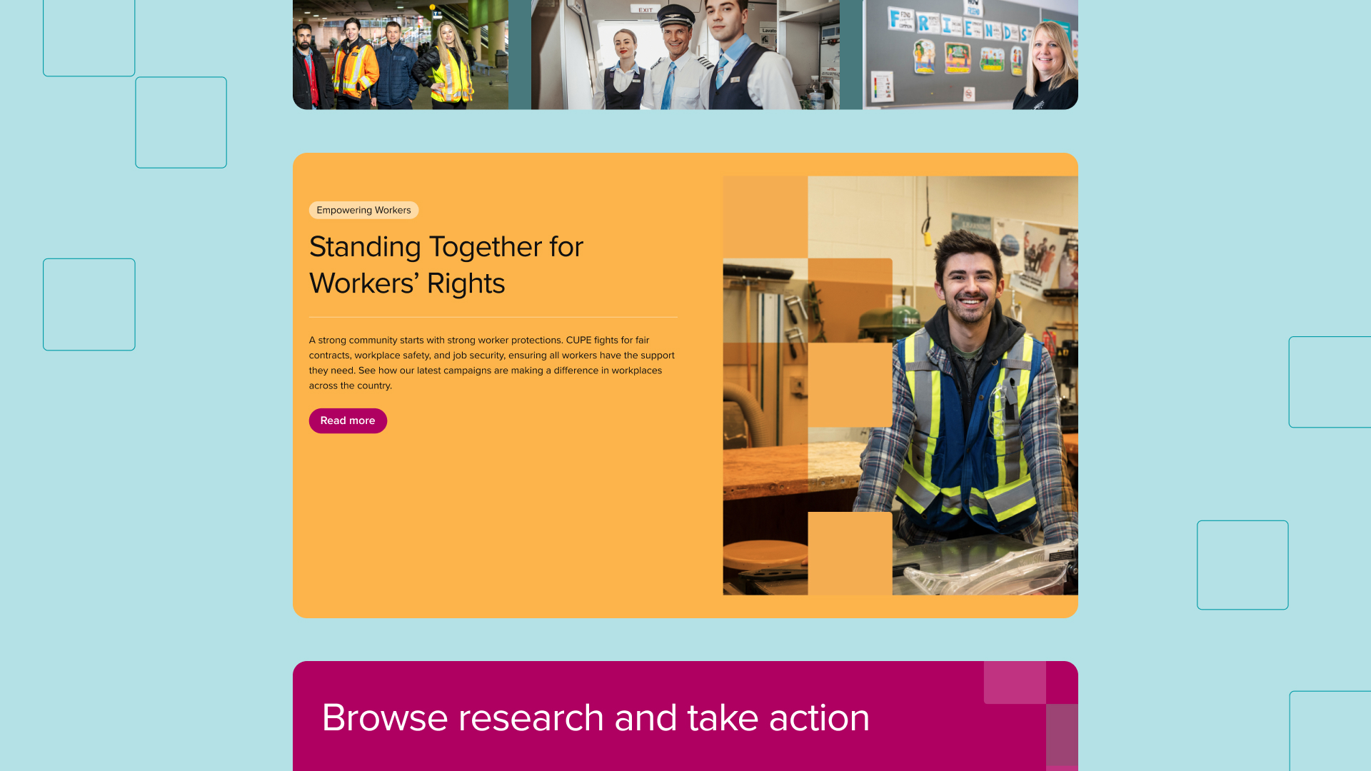 CUPE webpage design promoting workers’ rights, with text about fair contracts, workplace safety, and job security beside a smiling worker wearing a high-visibility vest.