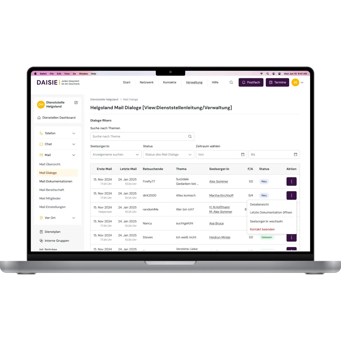 Overview of the email feature in the TelefonSeelsorge system.
