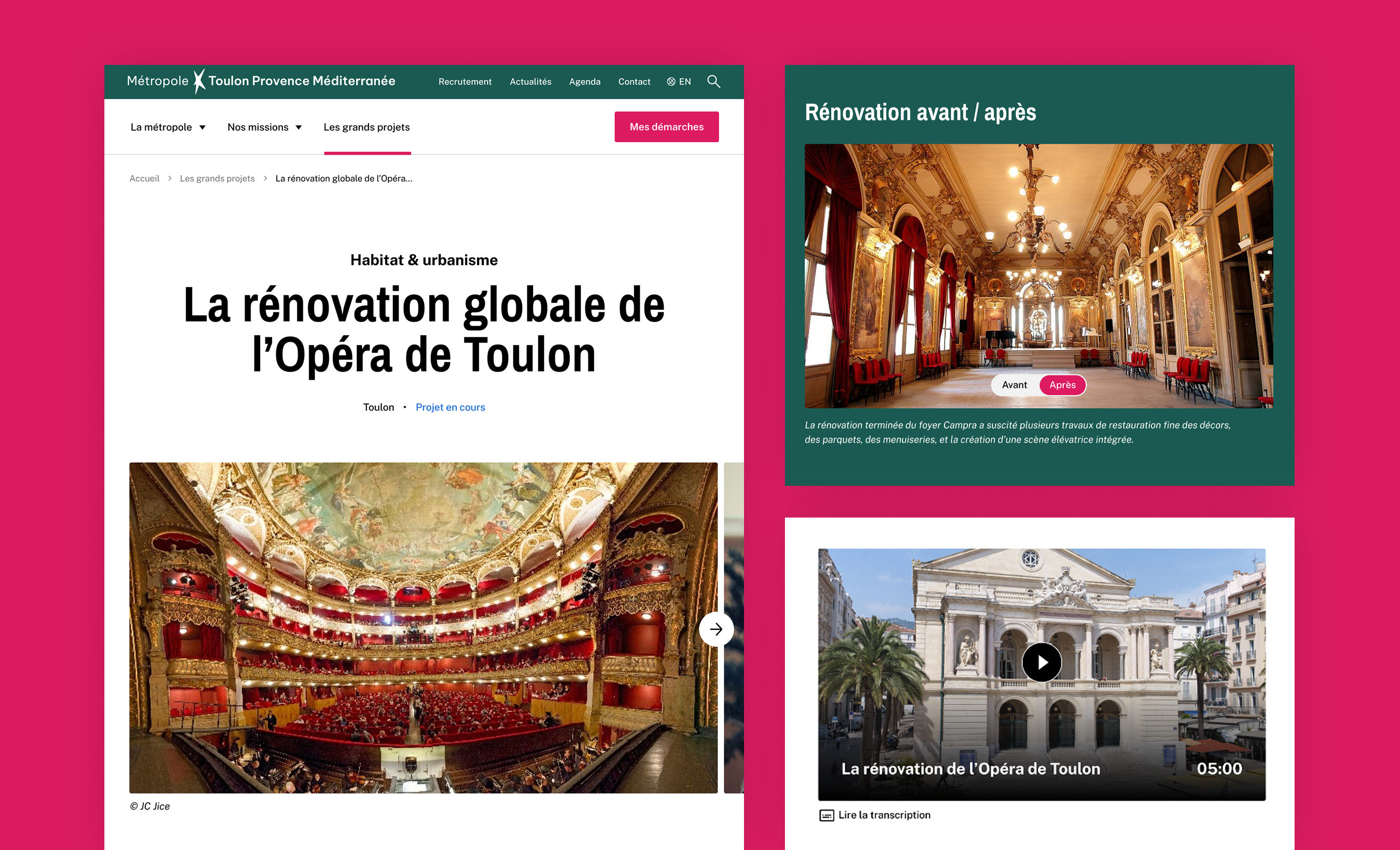 The image shows three screenshots from the Toulon metropolis website. The first screenshot highlights a small caption indicating a photo credit beneath an image on an "ongoing project" page concerning the renovation of the Toulon Opera House. The second screenshot shows a "before/after" component on the same page, displaying photos of the opera house prior to and following the renovation; this component displays a small accessibility caption underneath. The third image shows a video component designed for the site, featuring a video of the opera house renovation. Directly below it, there is an icon and a small, clickable "read transcript" link, allowing users who cannot or do not wish to watch the video to read its transcript.