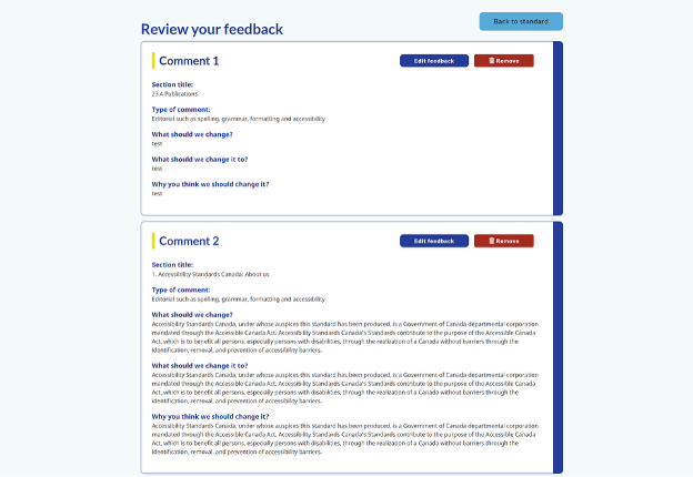 Review interface for the feedback provided.