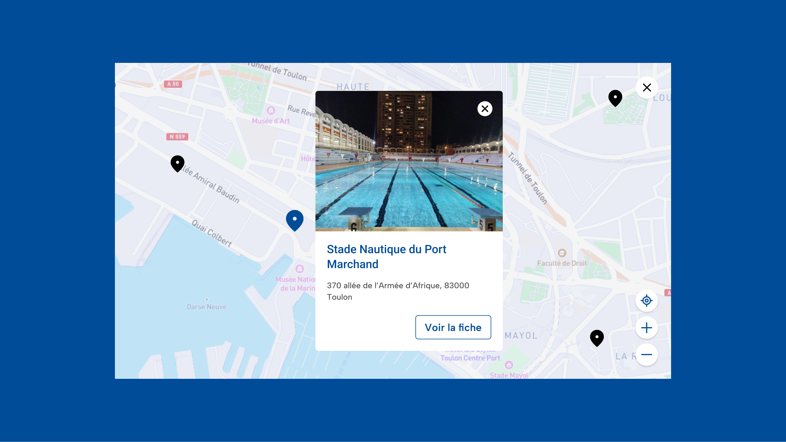 An excerpt from a webpage on the Toulon website showing how the infrastructure geolocation system works. It features a map of the city with clickable location icons. Clicking on one of them displays a map of the specific point of interest—in this case, a municipal swimming pool—showing an image, the name of the location, the address, and a "View details" button.
