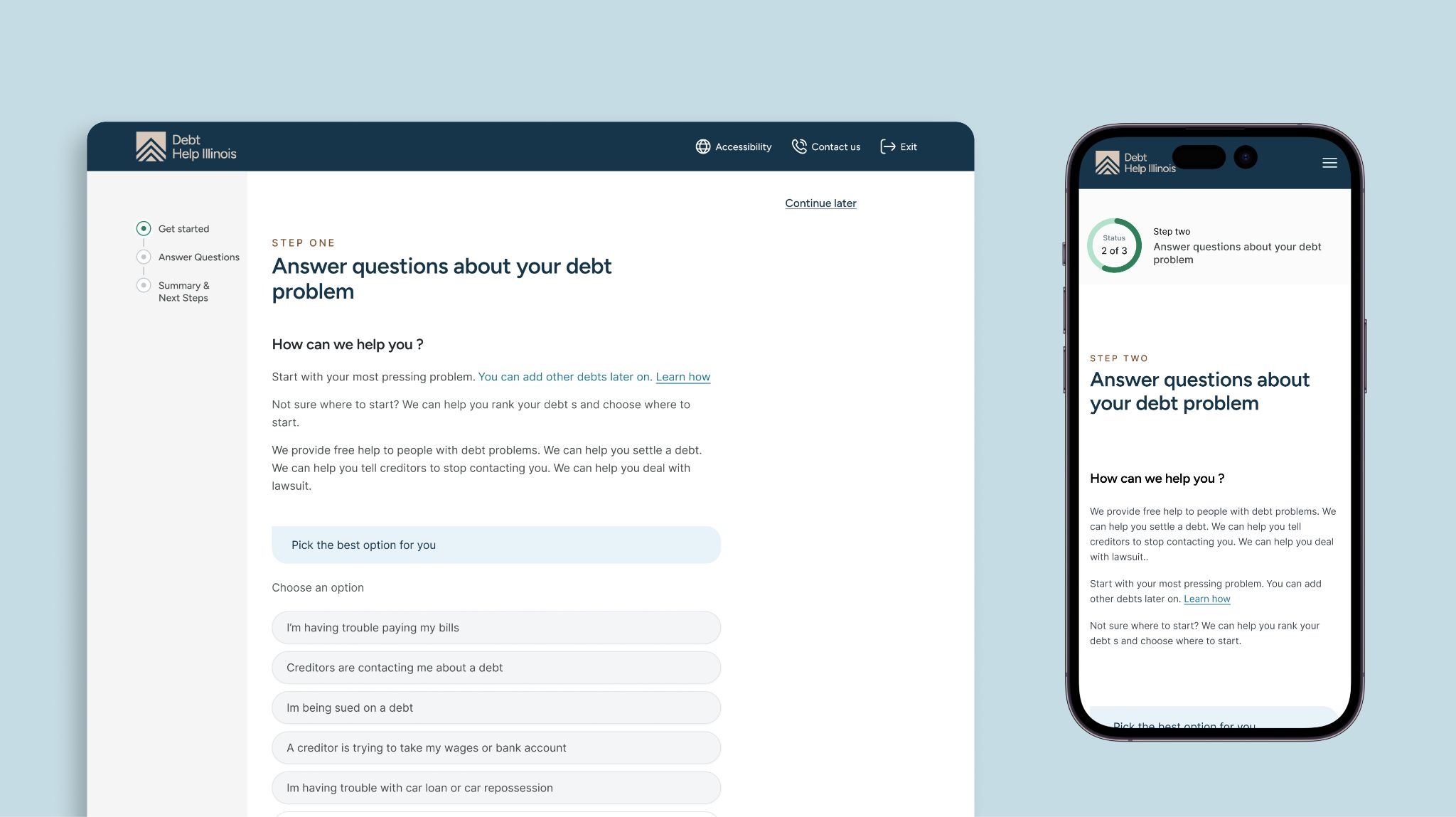 Debt Help Illinois interface displaying structured legal guidance reused from Illinois Legal Aid Online's approved content