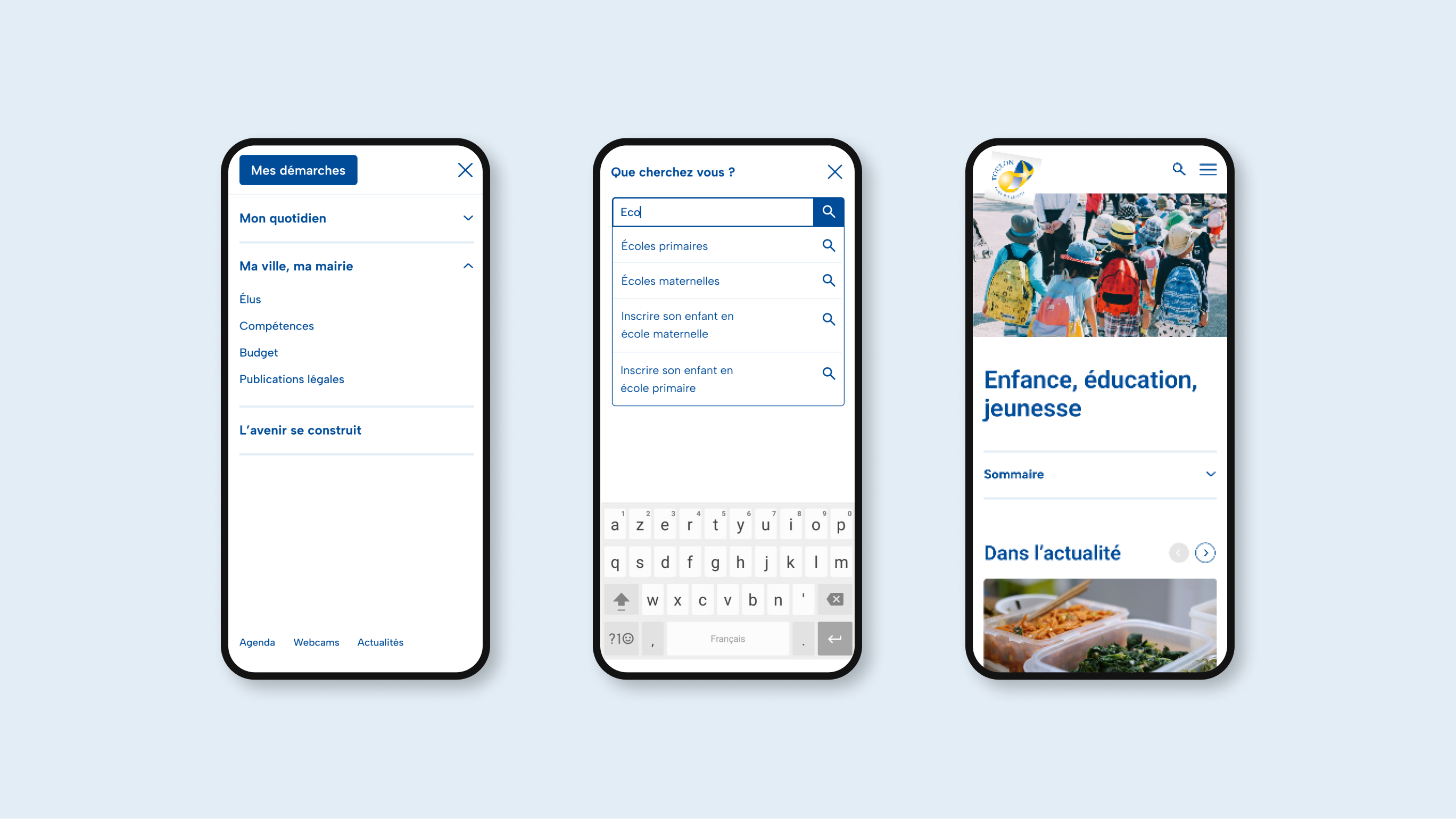 Image showing three mobile phones. The first displays the open navigation menu, featuring categories such as "My Daily Life," "My City, My Town Hall," and "Building the Future."