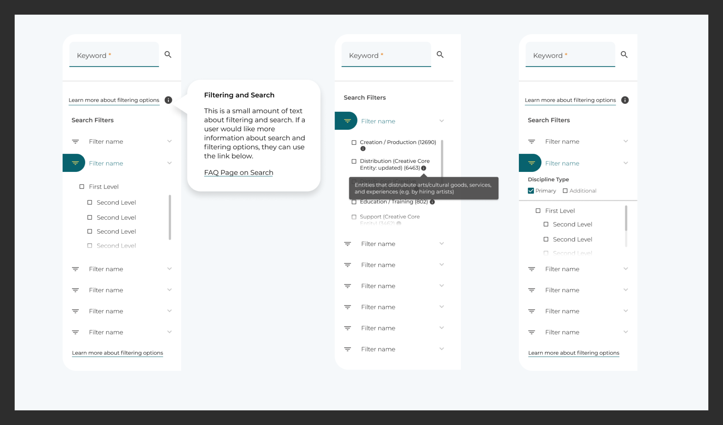 Multi-level search filters allowing creative professionals to discover precisely the right collaborators, venues, and services across New England’s arts community.