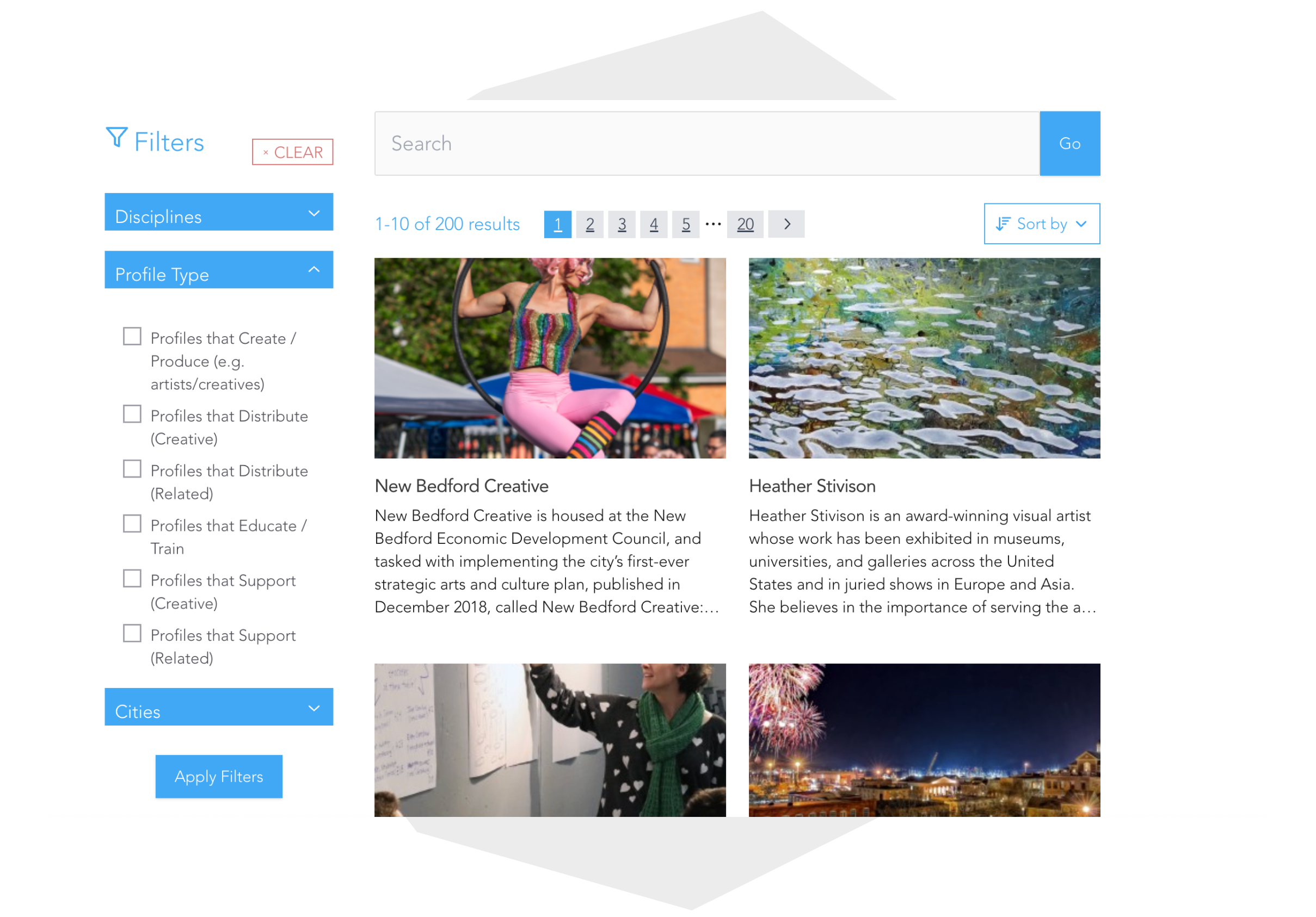 Sophisticated search connecting 30,000+ creative professionals: Faceted filtering by discipline and profile type with intuitive navigation designed for New England’s arts community.