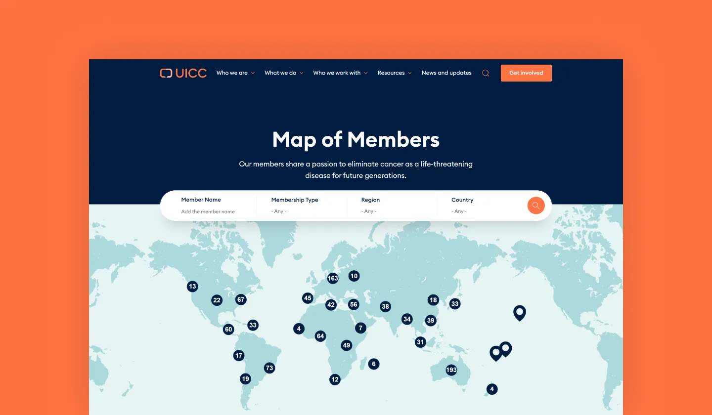 Interactive map of members on the UICC website. 