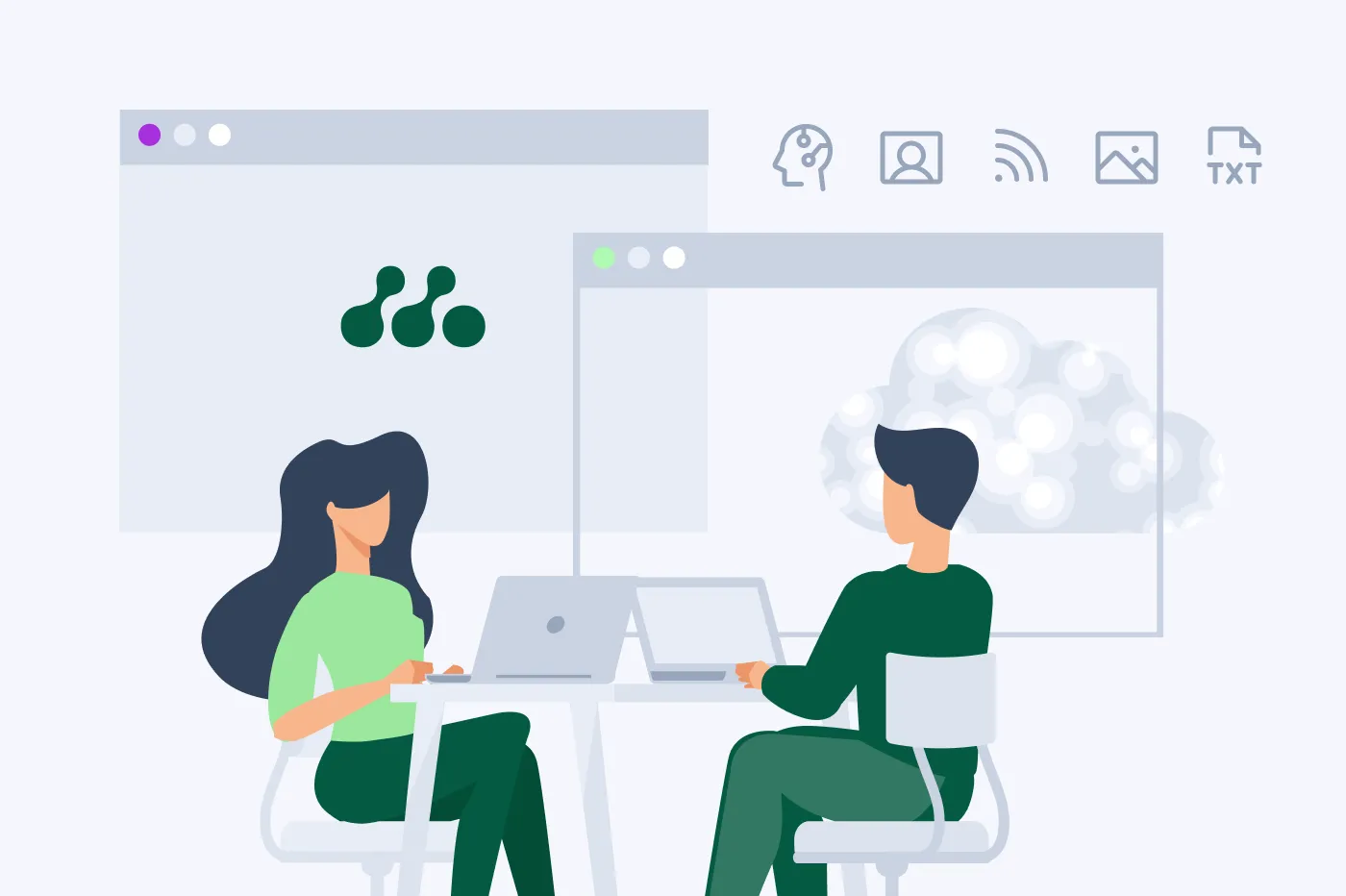 mossbo marketing image with two people sitting at laptops and the logo in the backgound.