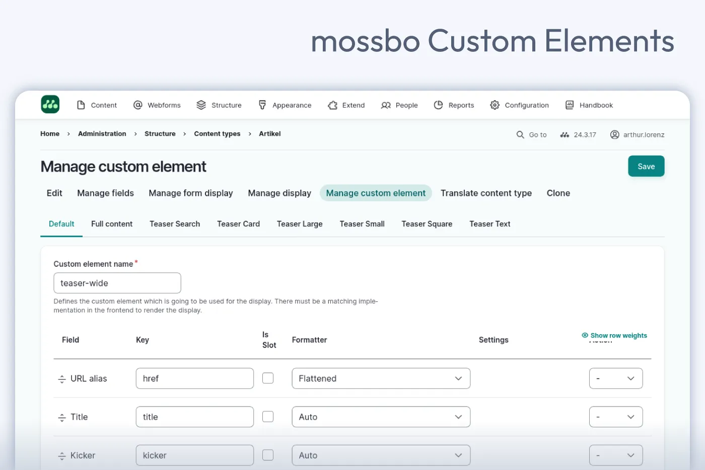screenshot of managing custom elements in your mossbo project.
