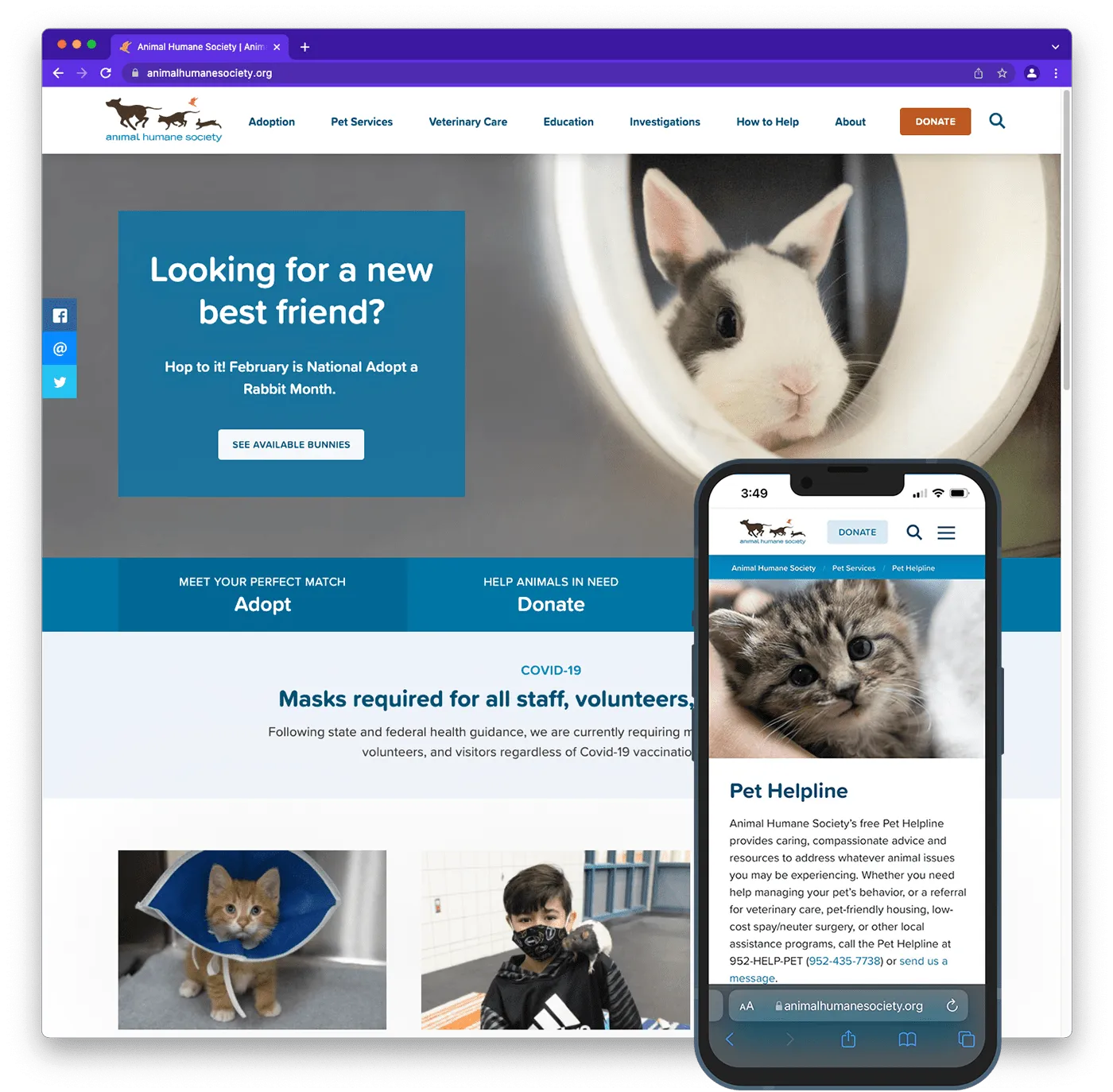 Image of a browser tab open to a site (animalhumanesociety.org) and an image of an iphone layered on top which is open to the same website. 