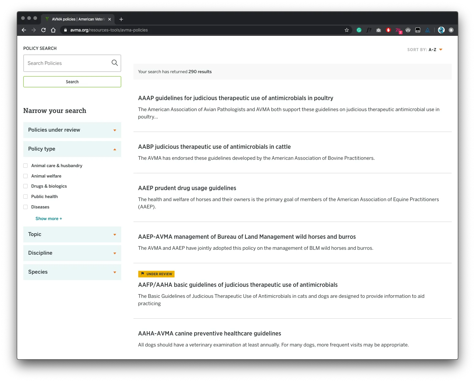 AVMA Policy search screenshot