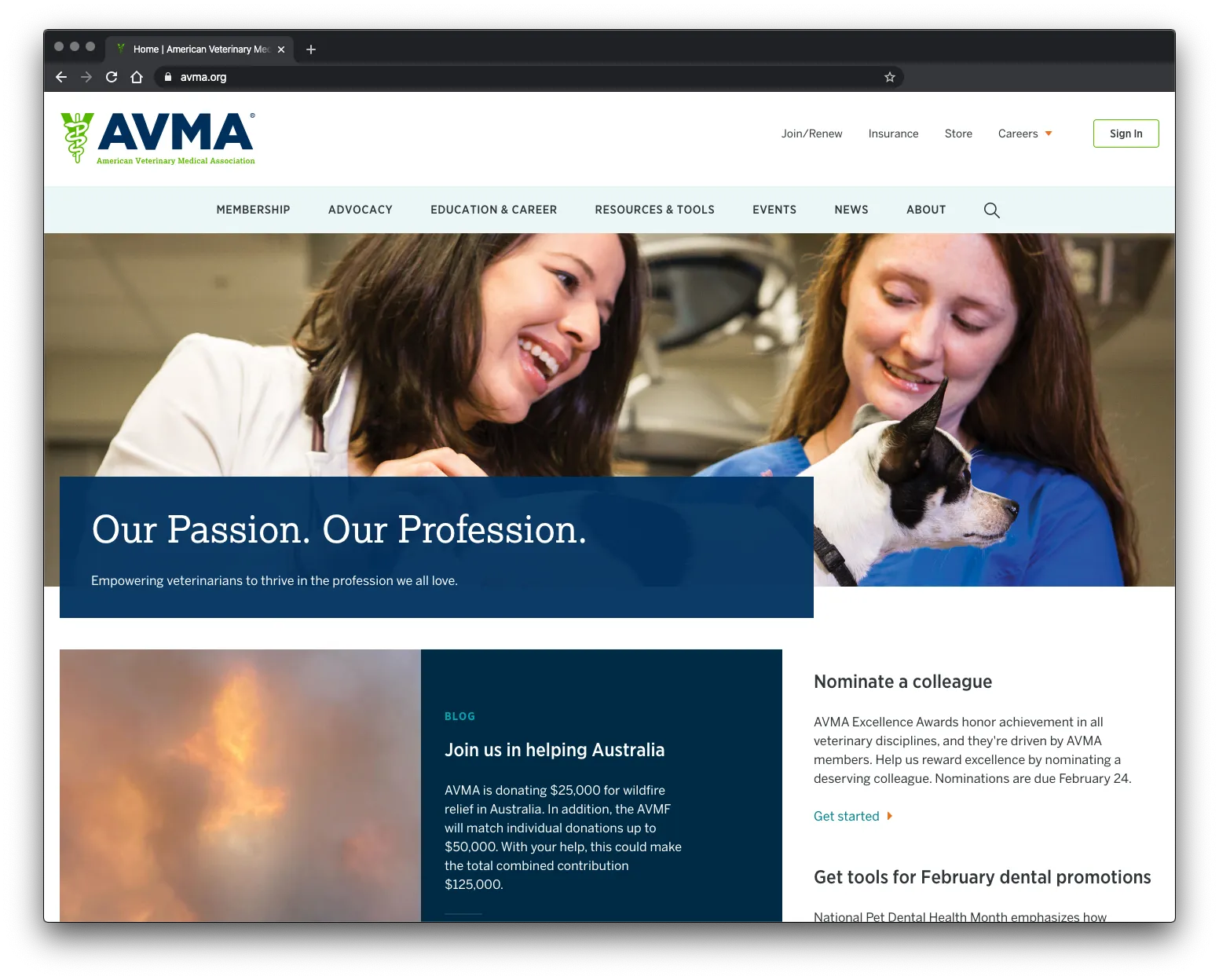 AVMA Homepage screenshot