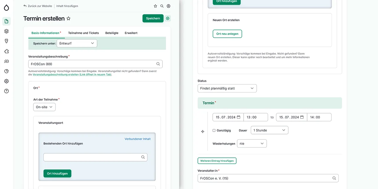Entry form for event date-releated information, showing some reference fields and an inline entity form for location