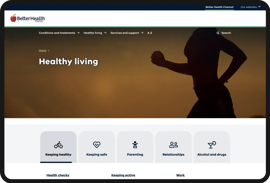 Screenshot of the Healthy Living section of the Better Health Channel, showing the use of custom tabs with relevant icons.