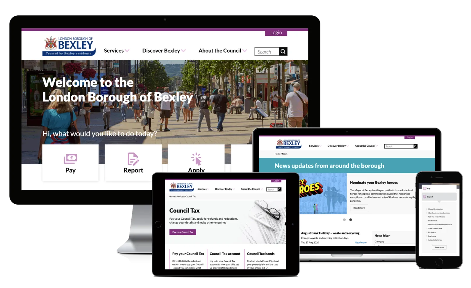 Desktop, Macbook, tablet and iPhone showing pages from Bexley Council’s Website