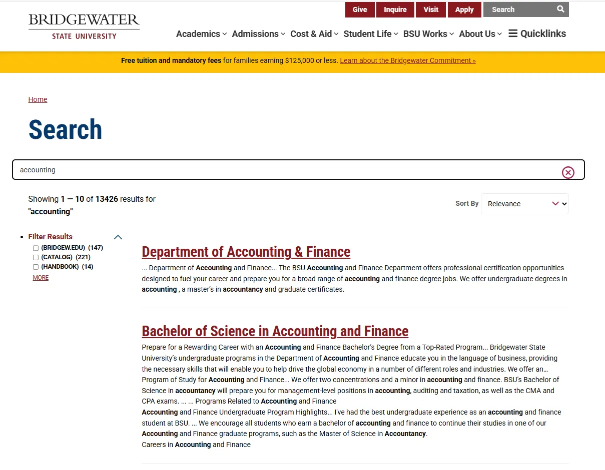 Example Search Page for Bridgewater State University