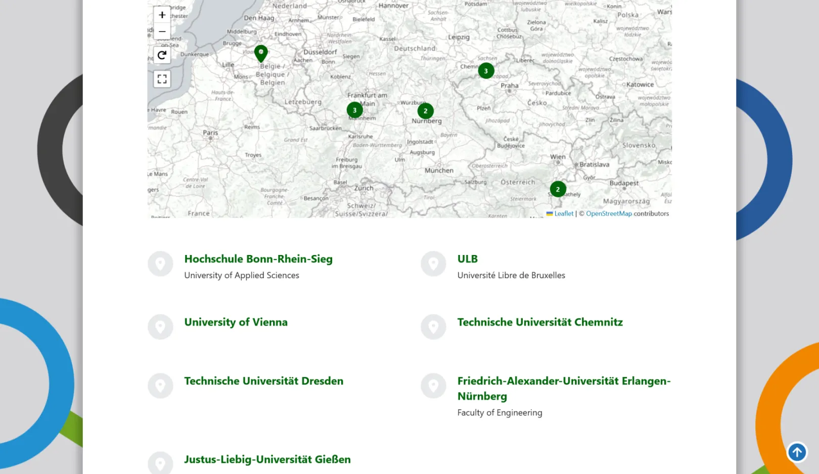 A map with markers, listing below shows several European universities