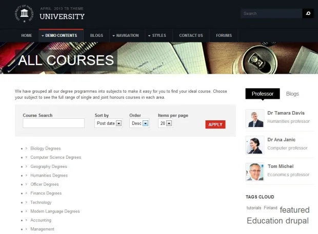 Education theme TB University Course page screenshot
