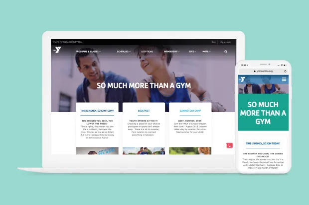 YMCA mockup page on macbook and iphone