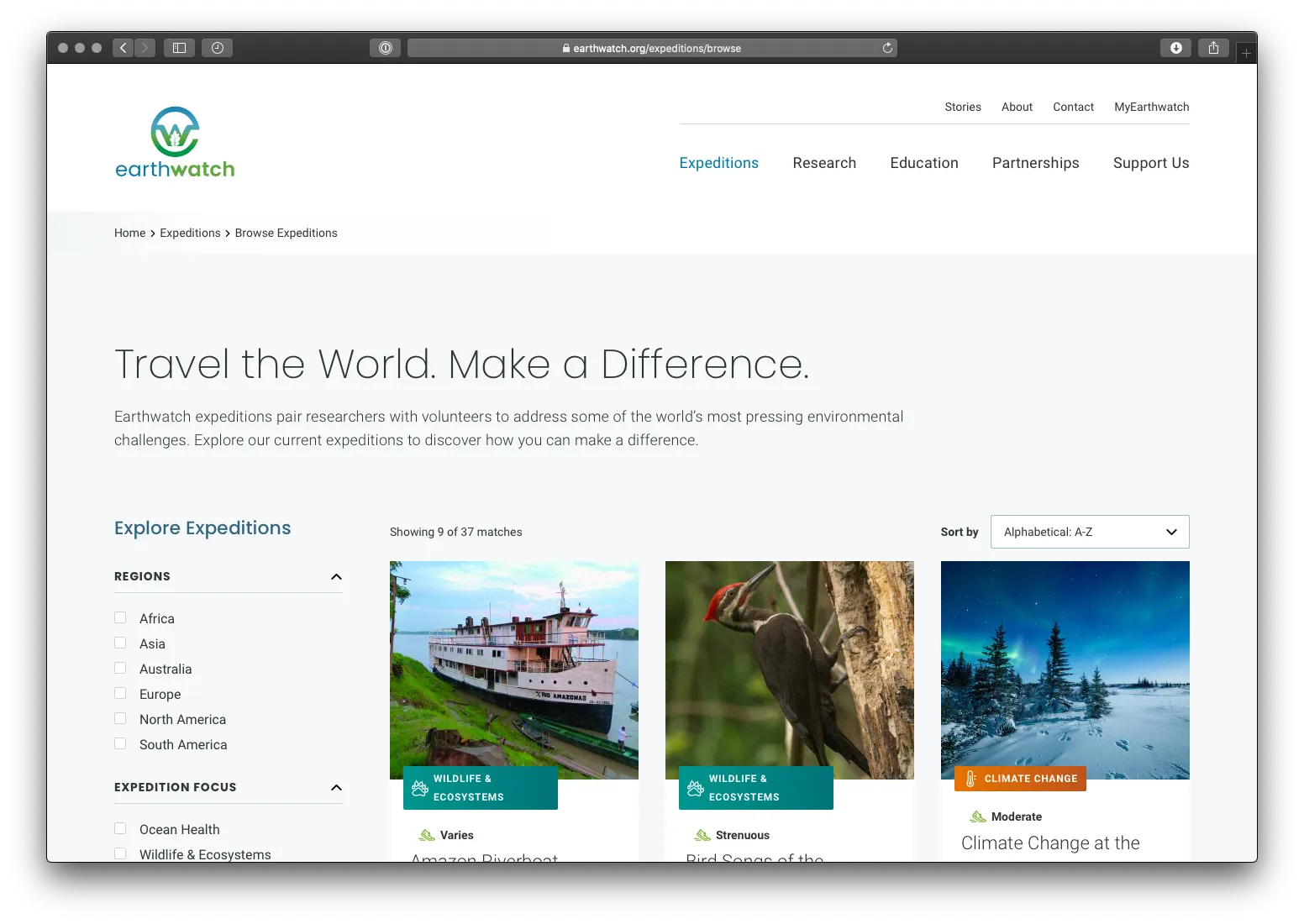 Screenshot of the site's Expedition search page
