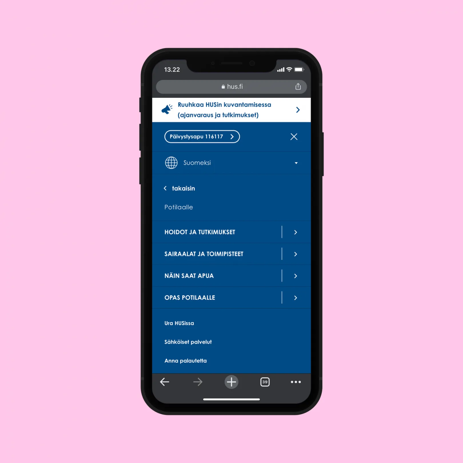 HUS sacreenshot menu on smartphone