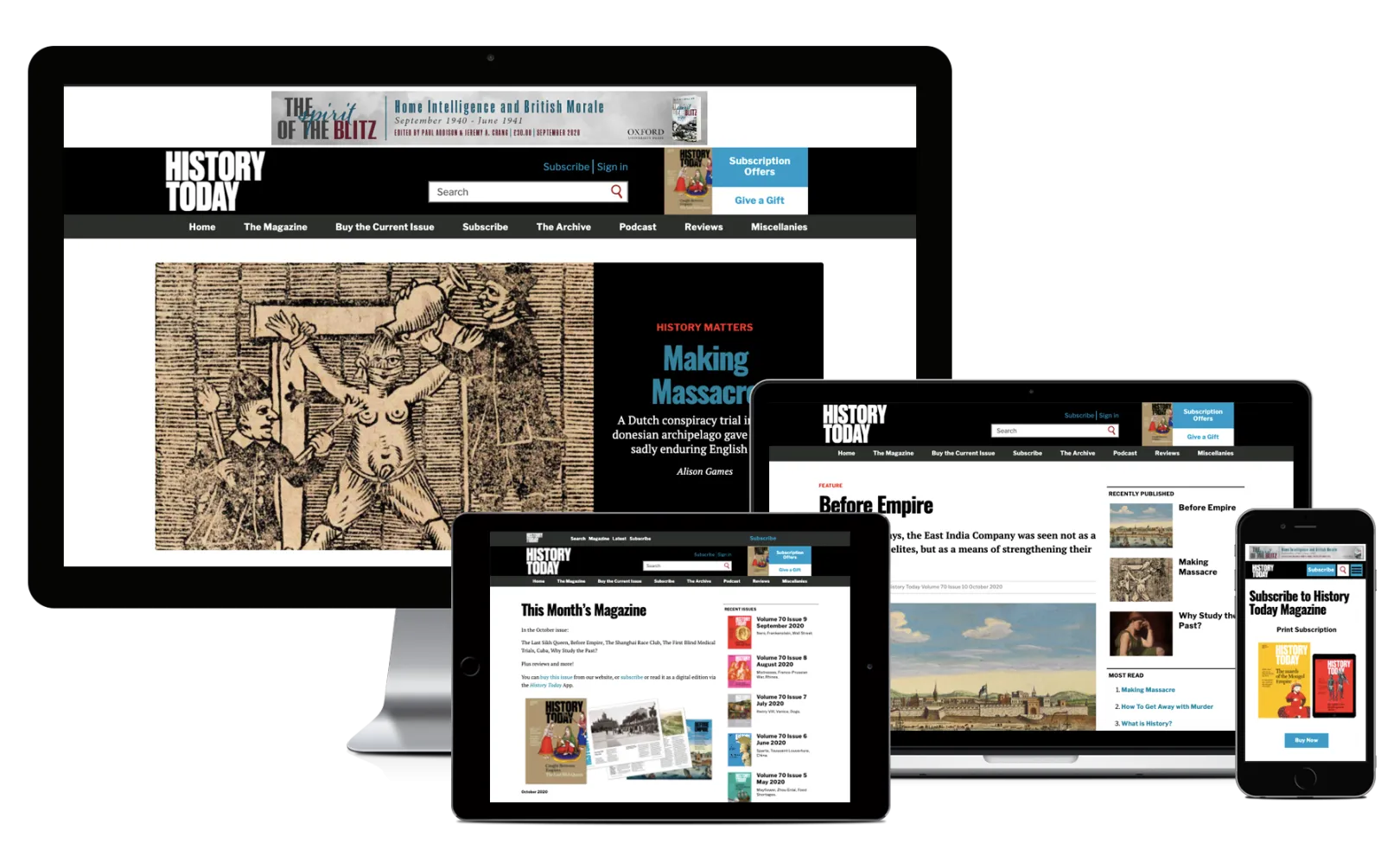 Desktop, Macbook, tablet and iPhone showing pages from History Today’s Website