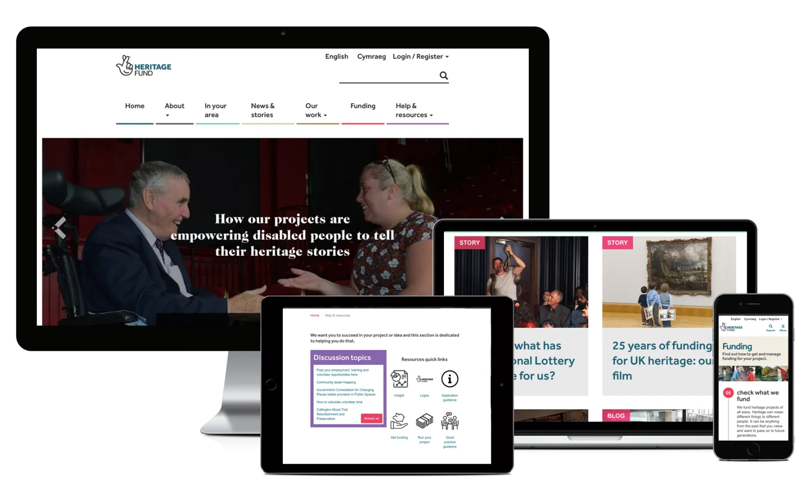 Desktop, Macbook, tablet and iPhone showing pages from Heritage Lottery Fund's Website