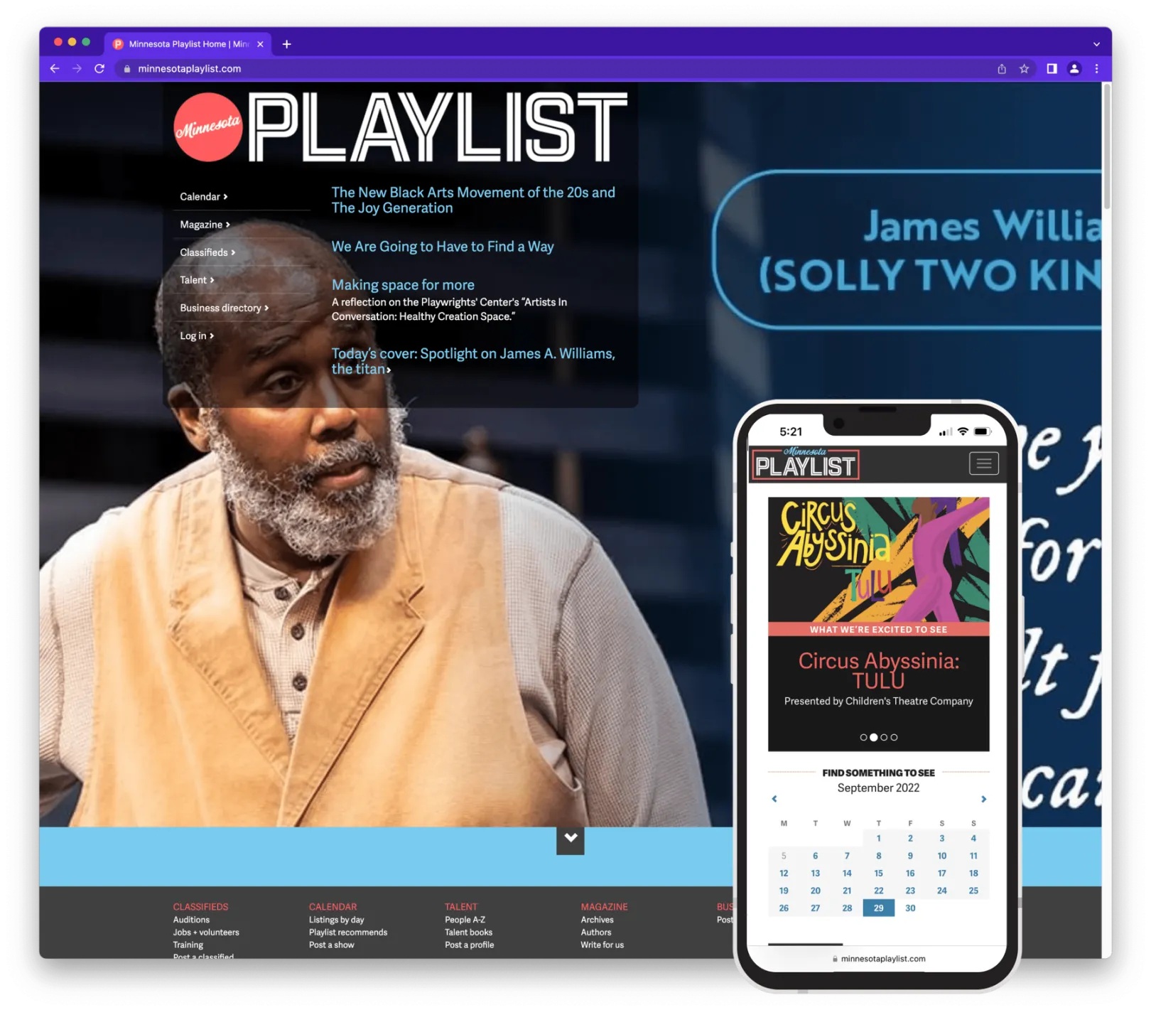 A screenshot of a website showing minnesotaplaylist.com. There's an overlay showing the mobile version of the site.