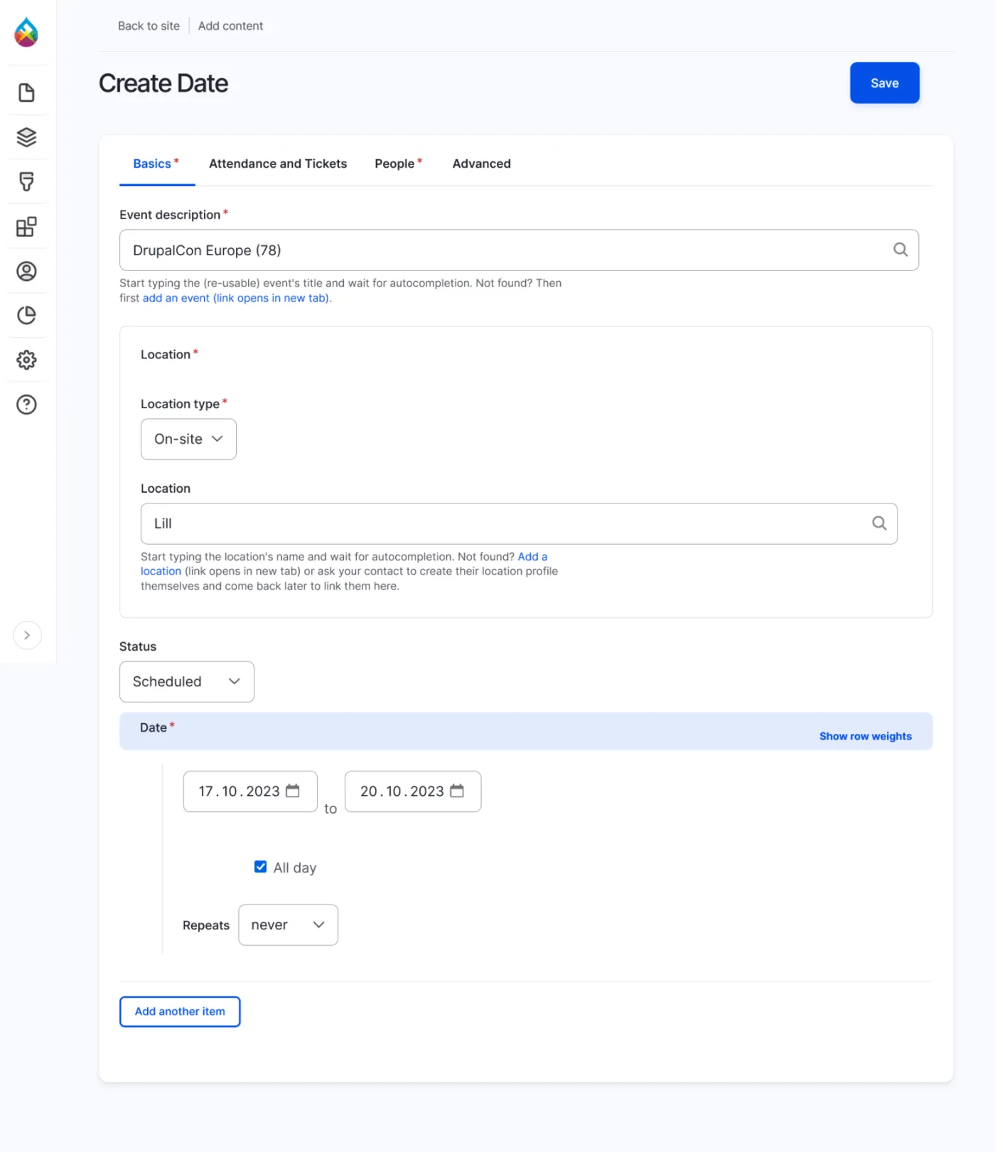 Back-end screenshot with a form to enter an event date. Preselected an event description title DrupalCon Europe