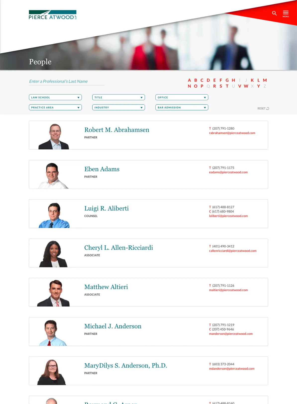 The "People" page of Pierce Atwood's website. A name search box, filter fields, and search by letter appear at the top. Each employee is listed below this in rows with the person's profile image, name, title, and contact information displayed.