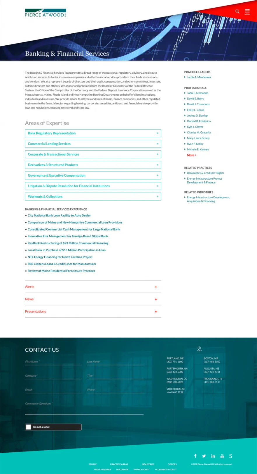 The "Banking & Financial Services" page of Pierce Atwood's website.