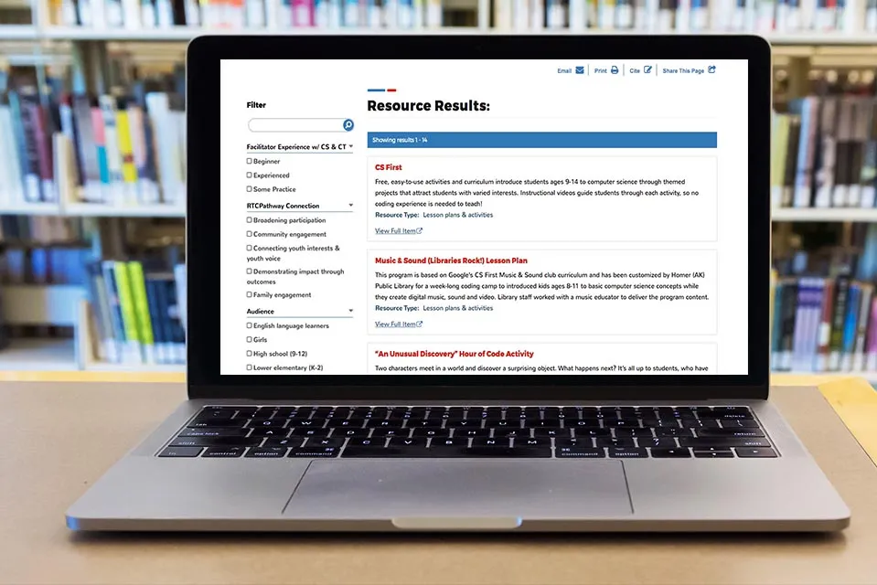 Results page from a resources search
