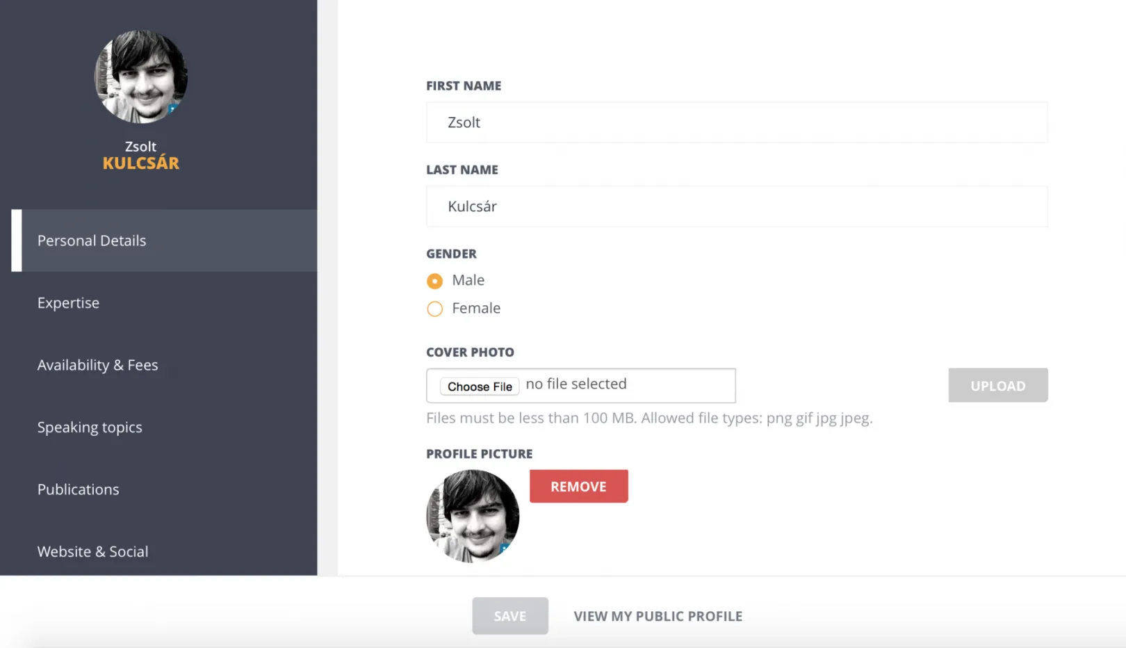 Profile edit page