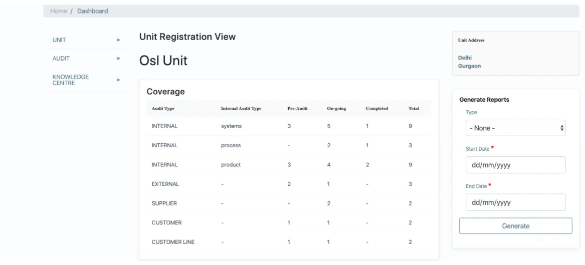 webpage of audit tool intranet with a big tabular column covering the entire area