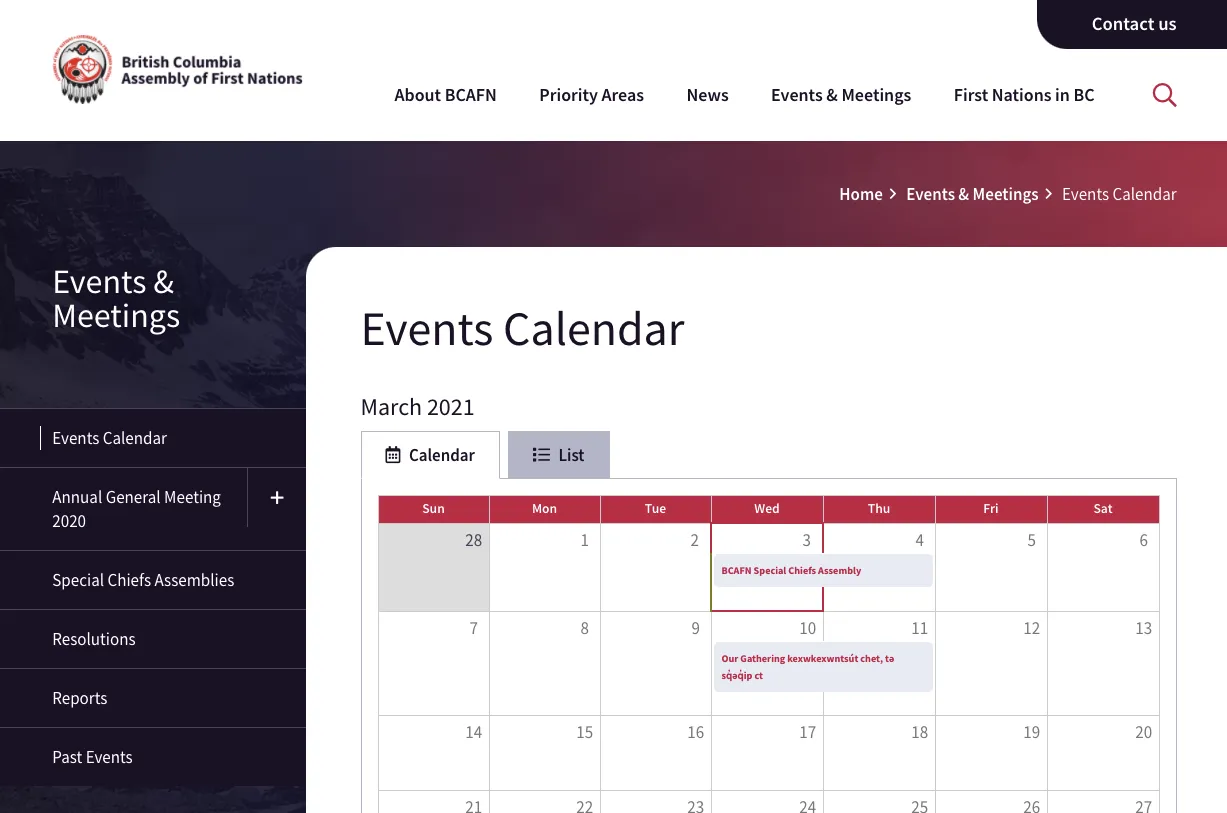 BCAFN website calendar page 