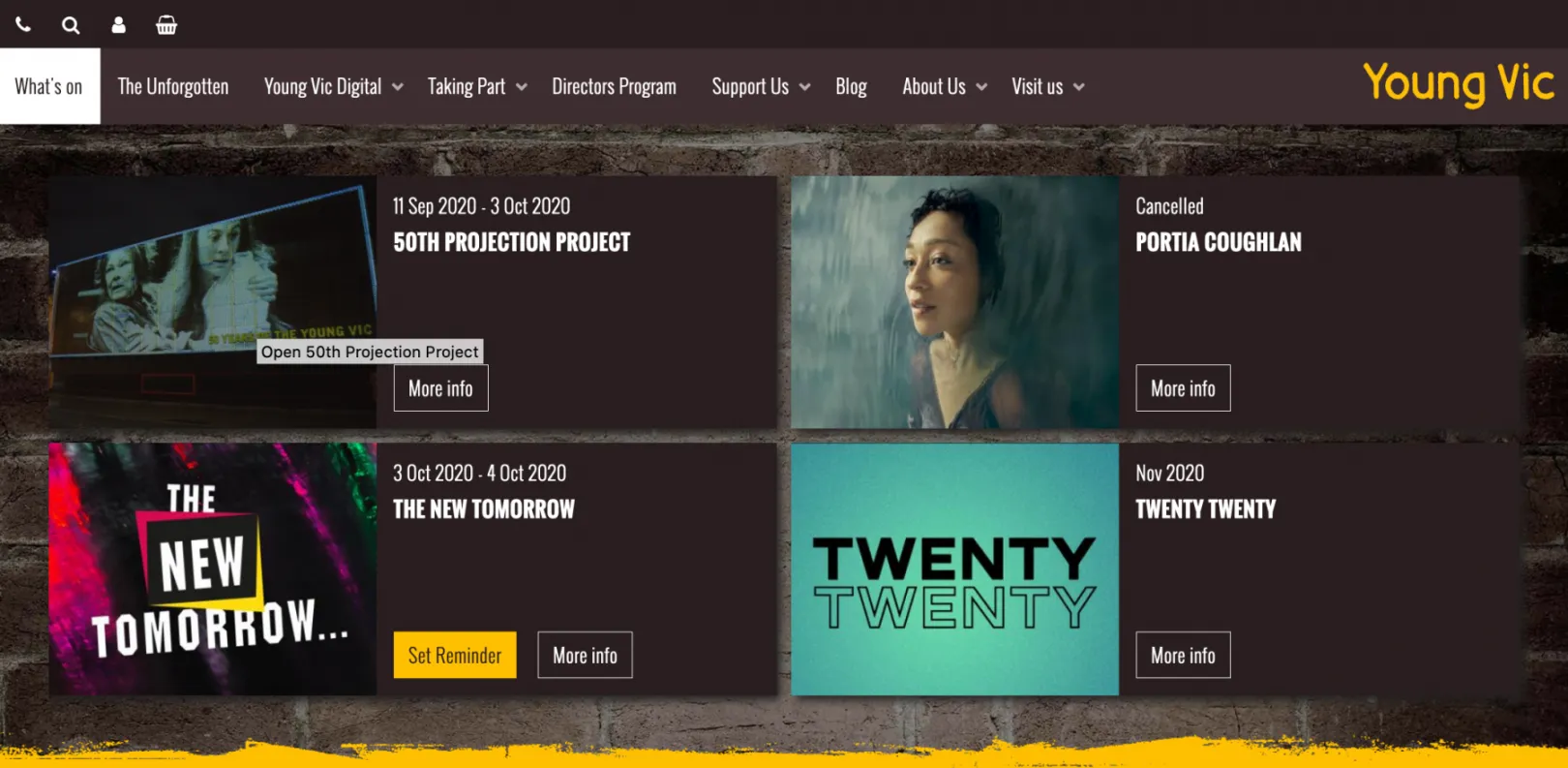 A standard What's On page in the Young Vic colours of yellow on a dark background; the listings themselves are illustated by relevant images