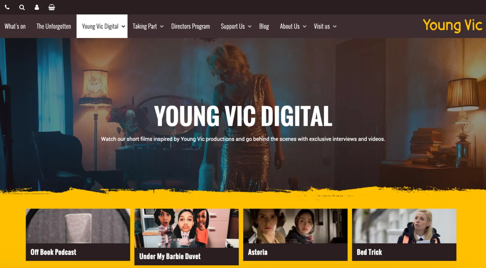 A listing page for Young Vic films; the main image is of a woman looking forlorn in a cocktail dress. A bold yellow background highlights the various films.