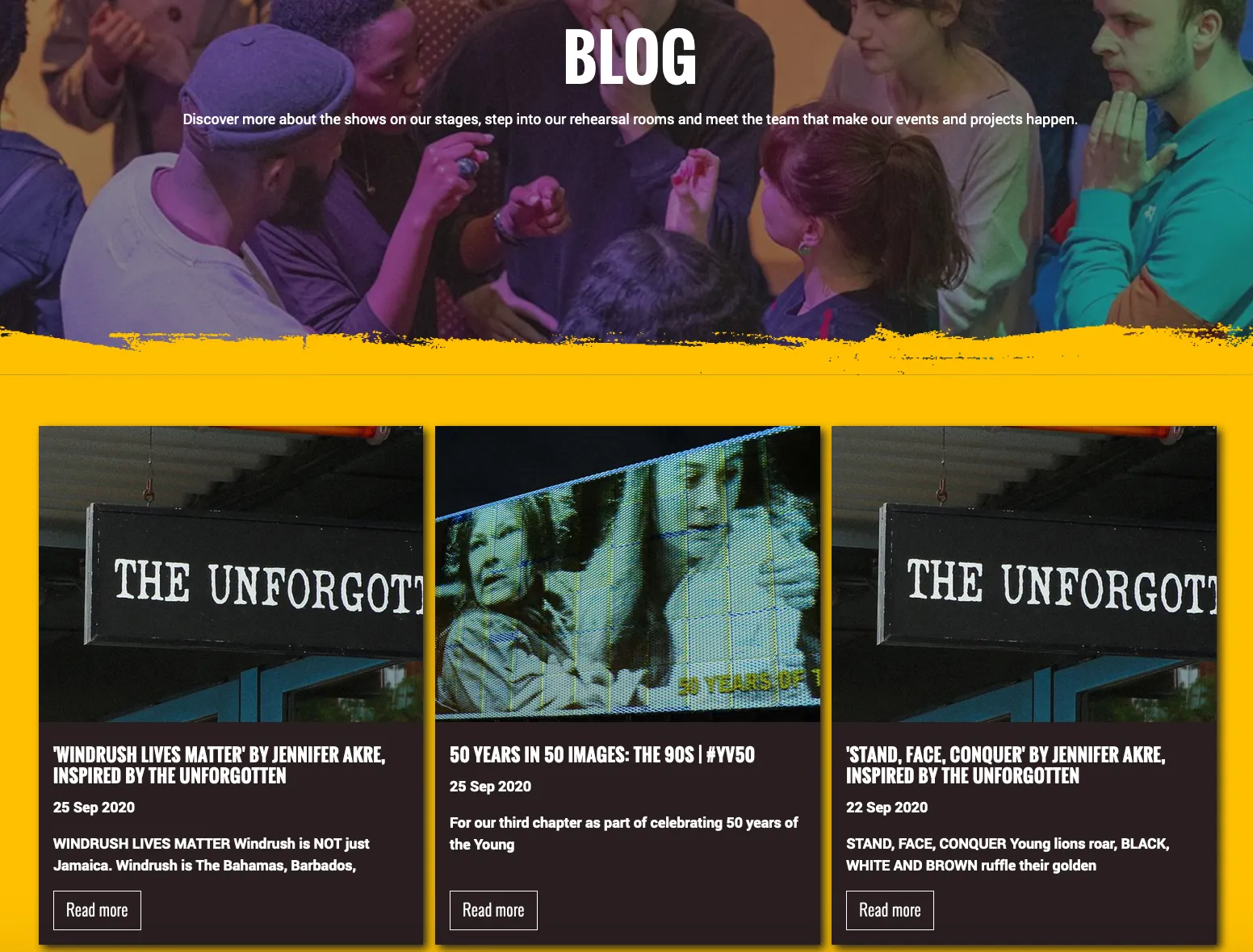 The header image for the Young Vic blog is of a busy crowd in conversation; a bold yellow background highlights the different post listings, which each have a relevant image attached.