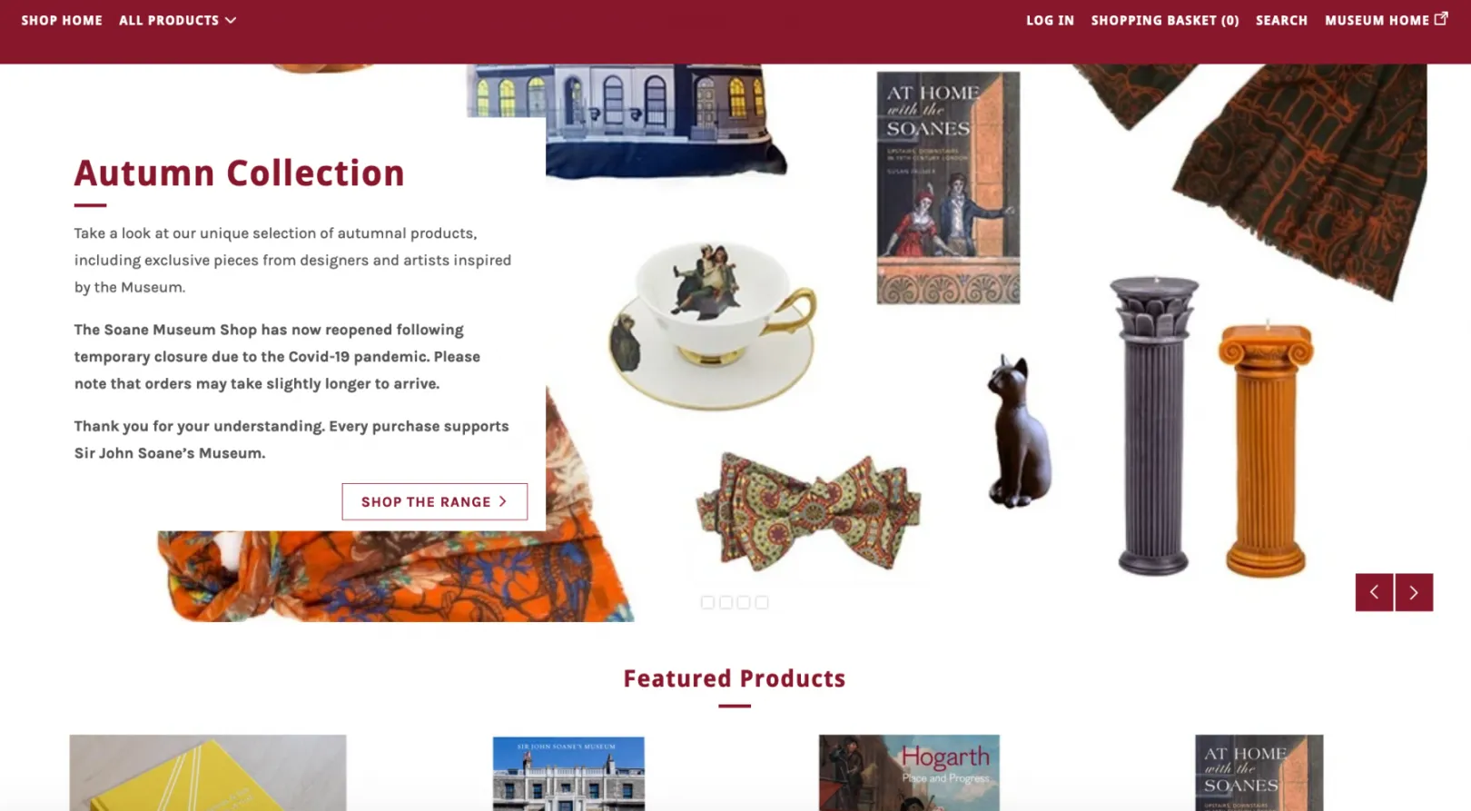 A splash image showing items for sale, including decorative candles, bowties and china, on the Shopify front page