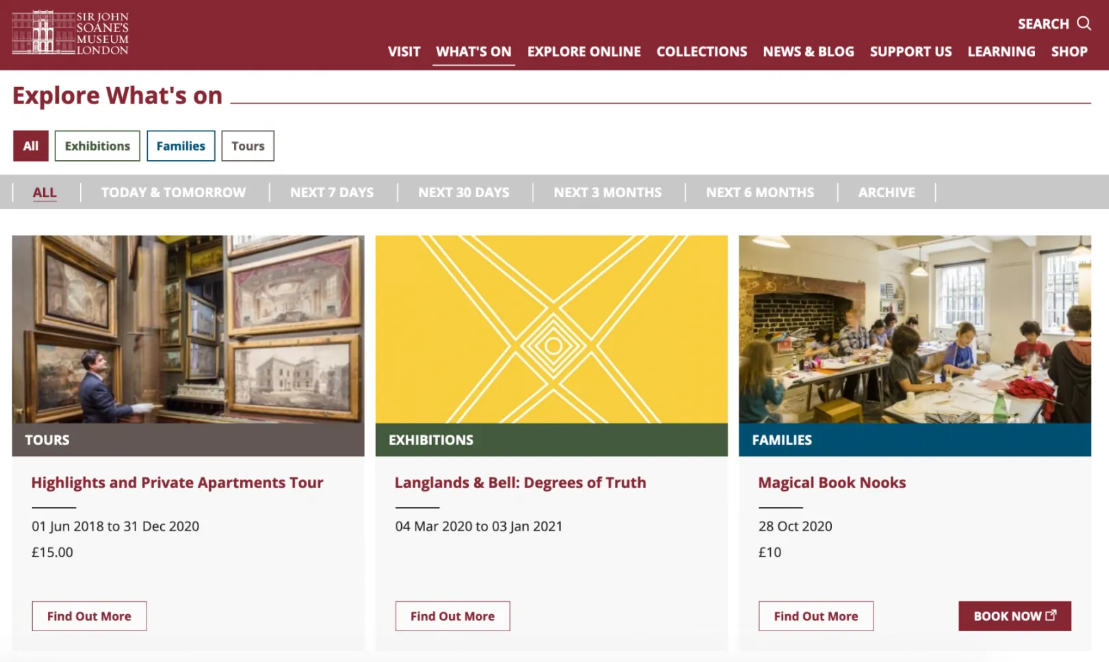 A listing page for museum activities that highlights dates and prices, with prominent call to action buttons to entice visitors