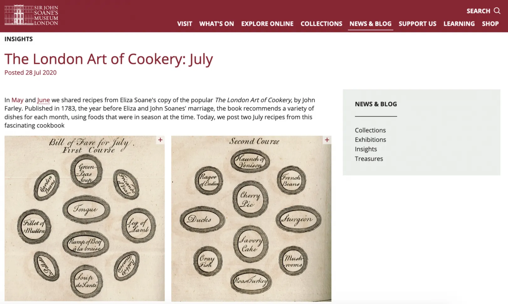 A museum blog post titled "The London Art of Cookery", featuring an illustration of different dinner courses from the 18th century
