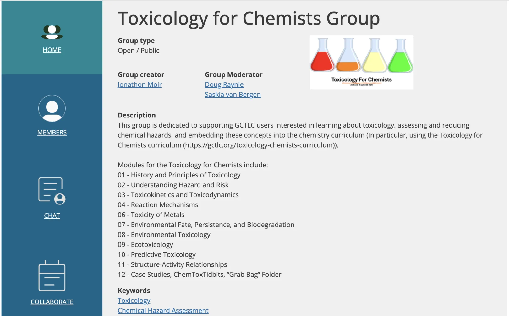 A screenshot of the Toxicology for Chemists Group on the GCTLC website shows the group homepage which includes the type of group, who created the group, and the names of the group moderators.