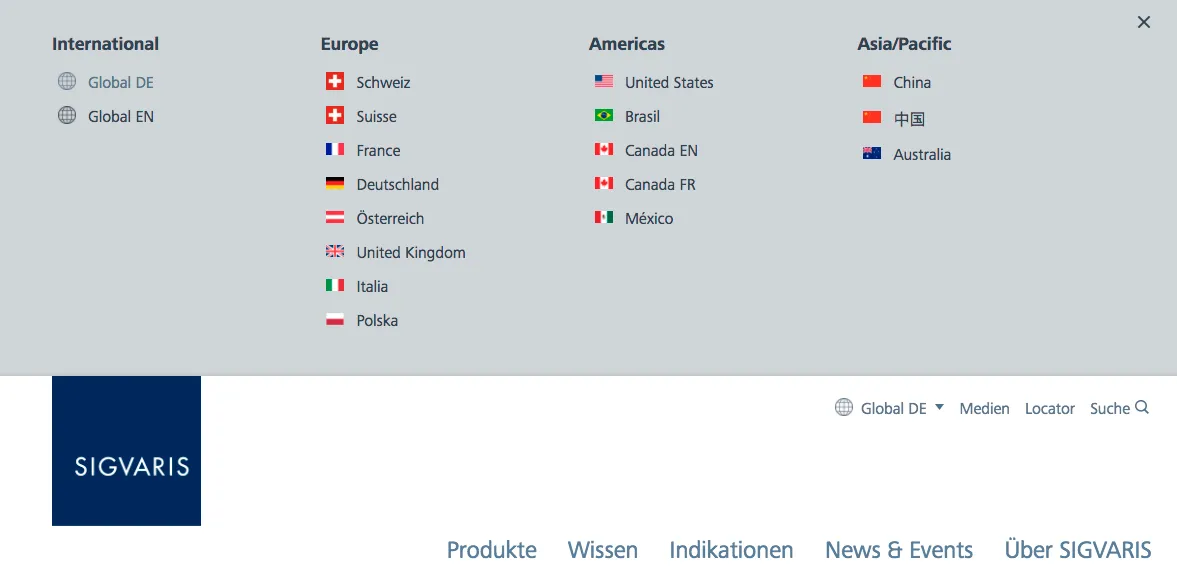 SIGVARIS Sites and Language options